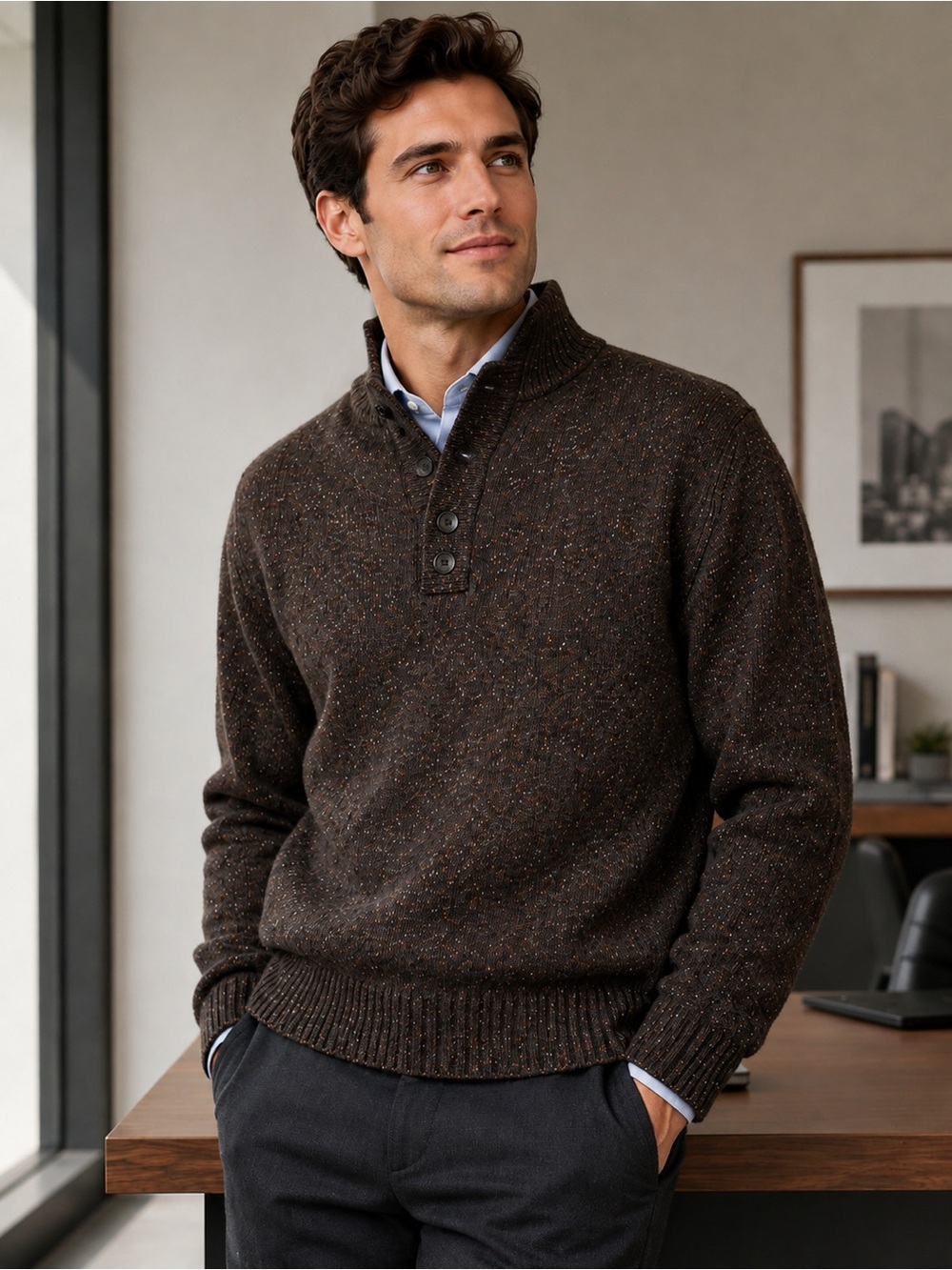 Brooks Brothers 1818 Merino Cashmere Button Mock Neck Henley Sweater Men’s Large